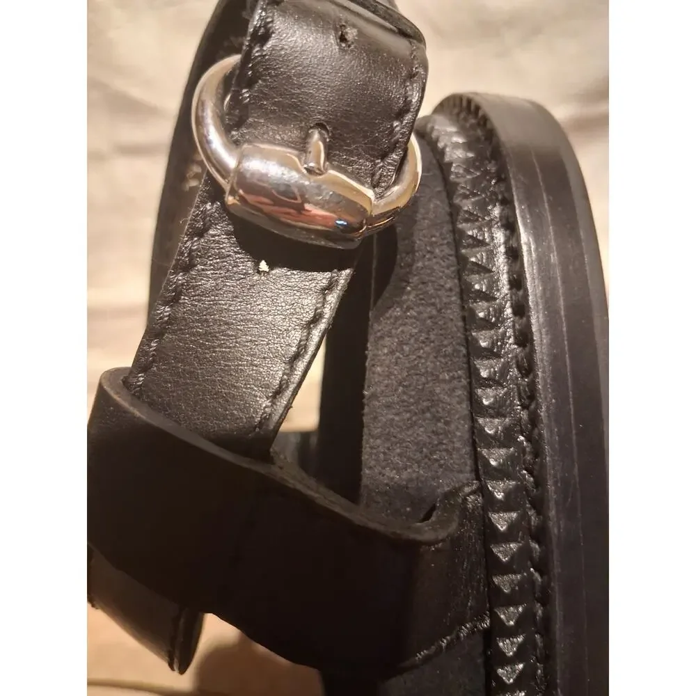 NIB GUCCI BLACK LEATHER AND CANVAS LOGO FLATS BUCKLE SANDALS 8.5 194364